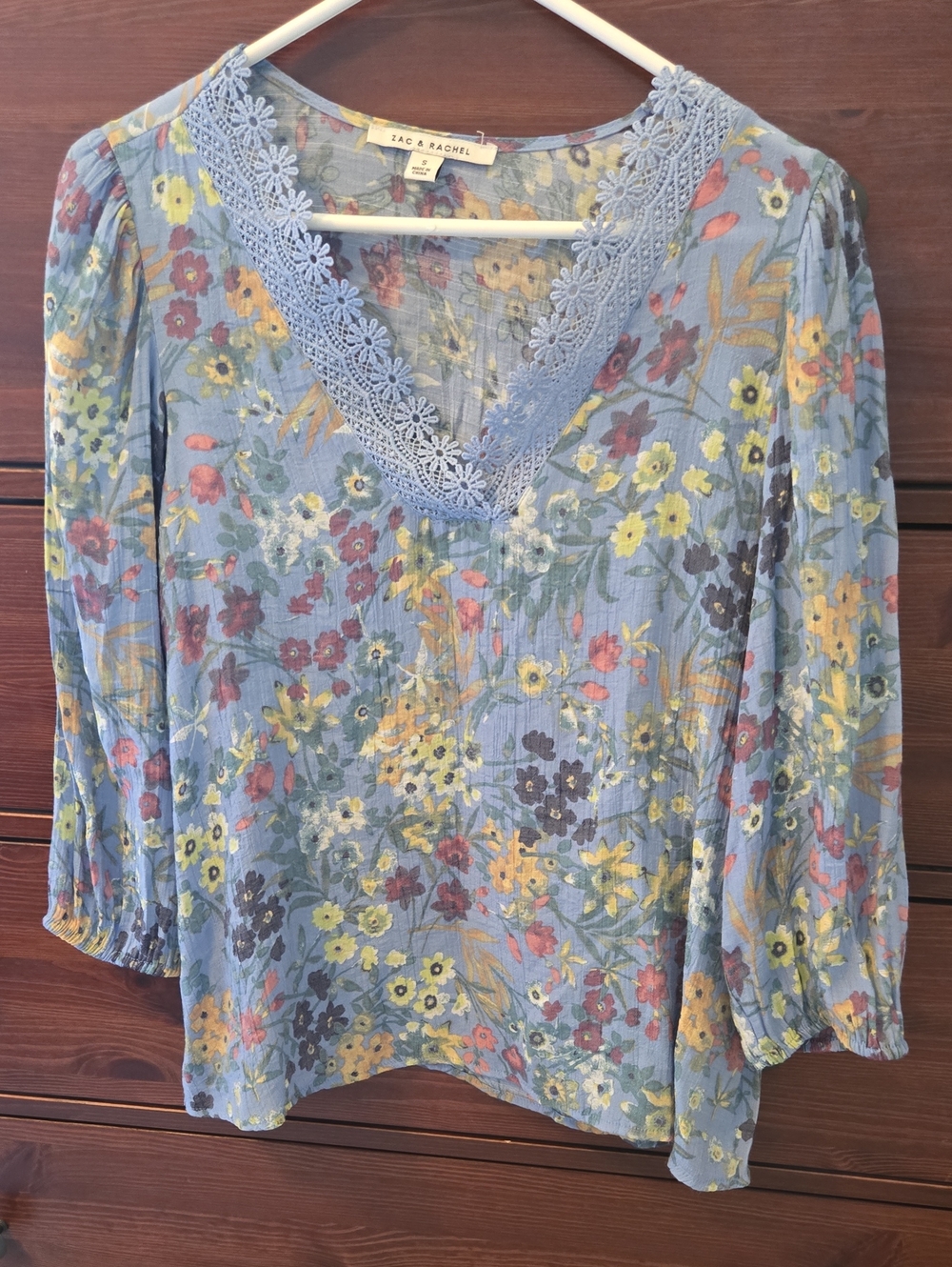 Zac & Rachel Light Blue Floral Lace-Trim V-Neck Blouse